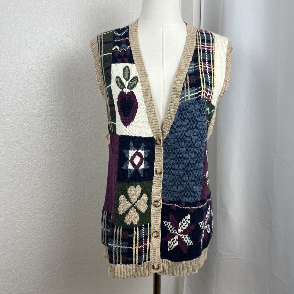 VTG‎ Patchwork Knit Vest Womens Medium Hand Embroidered Grannycore Y2K Teacher